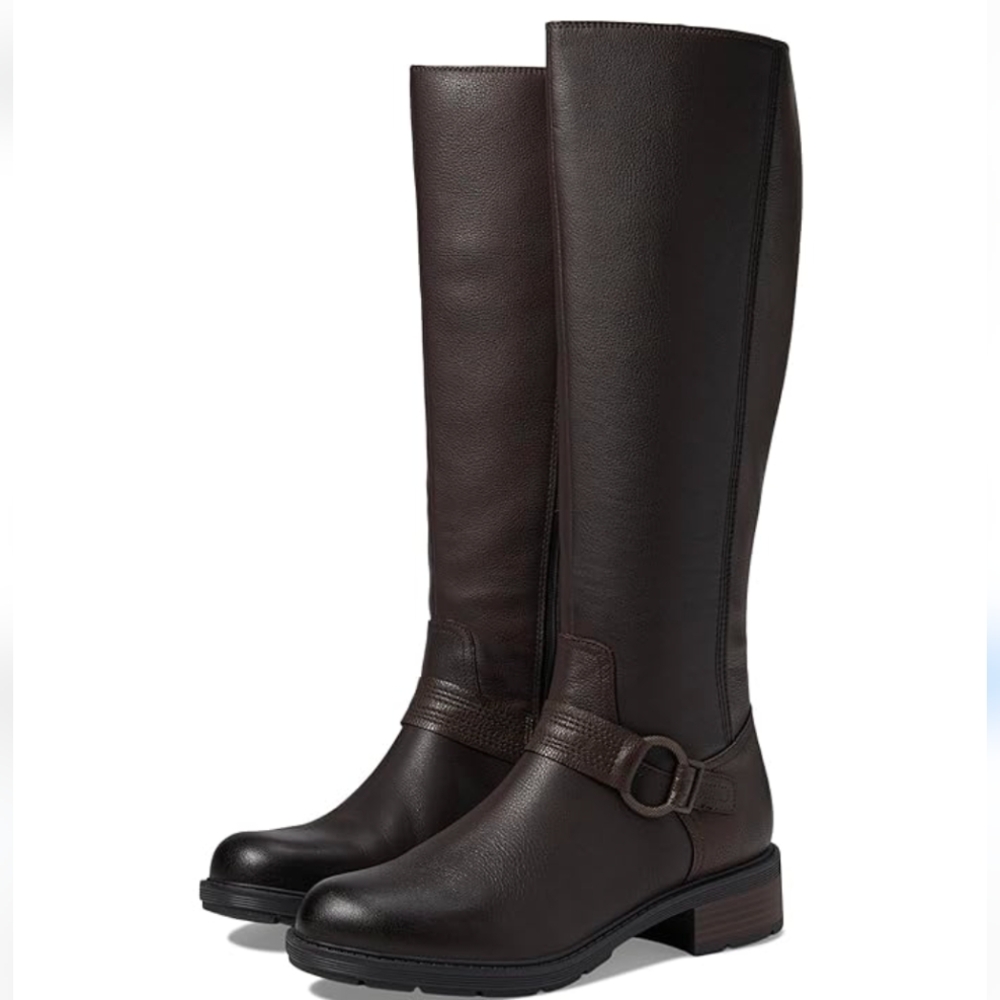 Clarks Hearth Rae Brown Leather Riding Boots Harness Buckle NWOT Size 6